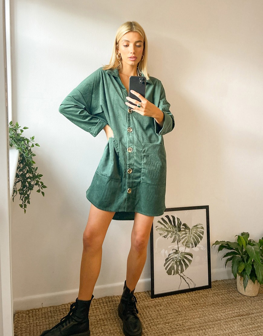Urban Threads oversize button through corduroy dress in khaki-Green
