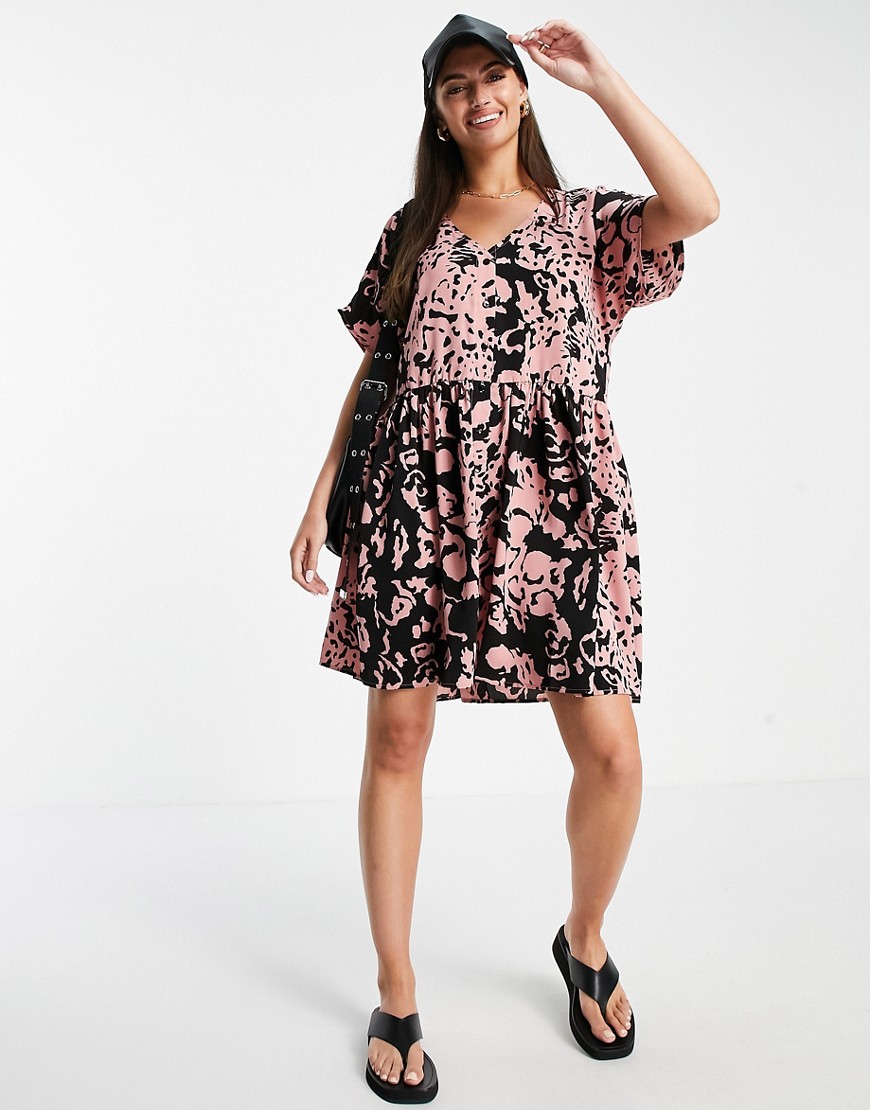 Urban Threads oversized button down smock dress in abstract print-Blues
