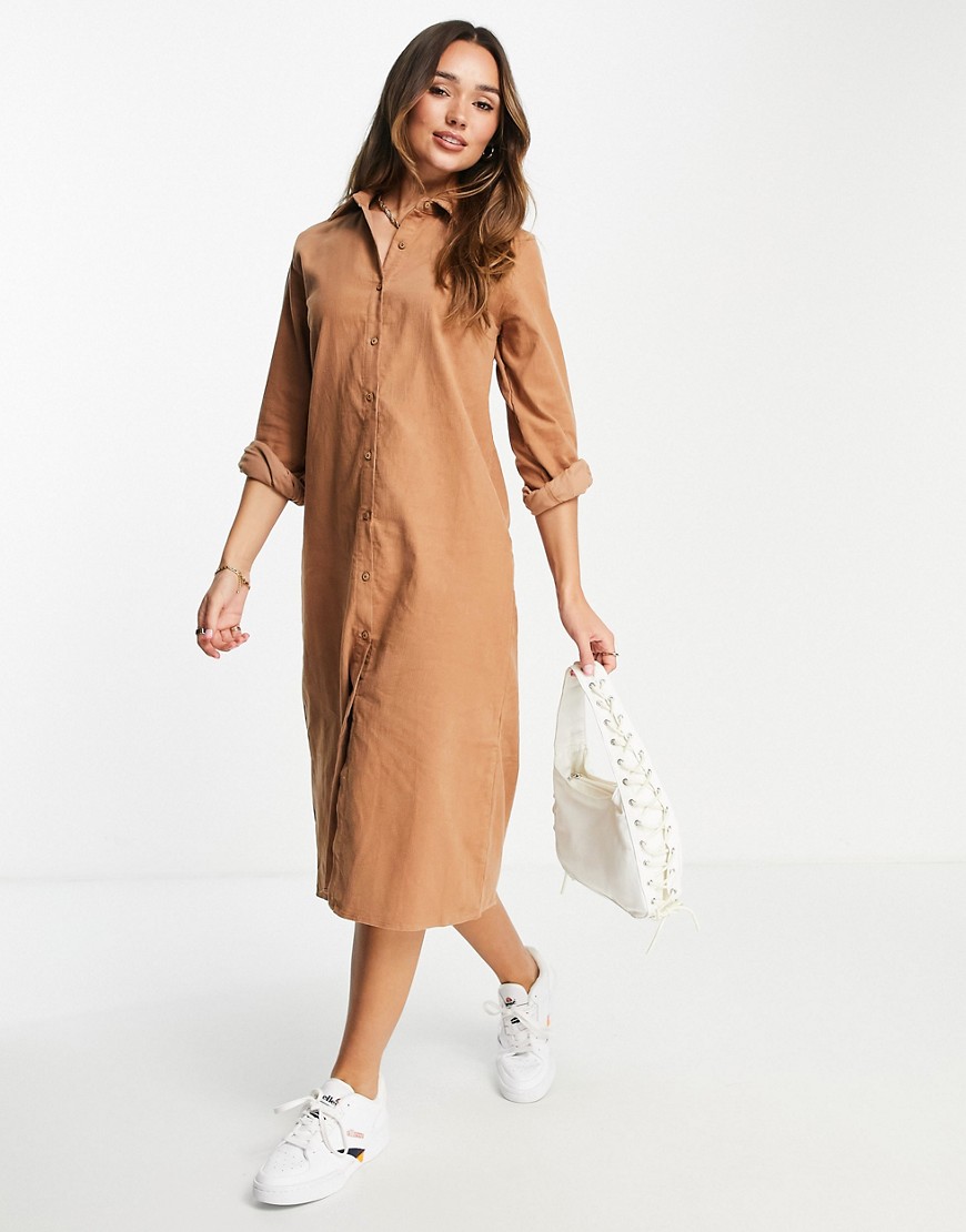 Urban Threads oversized cord midi shirt dress in taupe-Brown