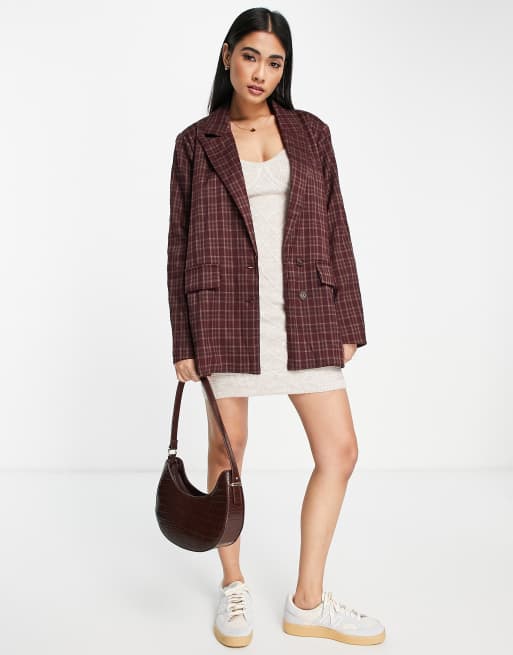 Urban Threads - Oversized geruite blazer in bordeauxrood, deel van co-ord set