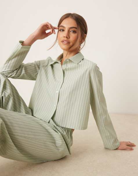 Urban Threads oversized long sleeve revere and trouser pyjama set in green stripe - view 1