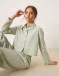 [Urban Threads] Urban Threads oversized long sleeve revere shirt and pants pyjama set in green stripe 12 GREEN