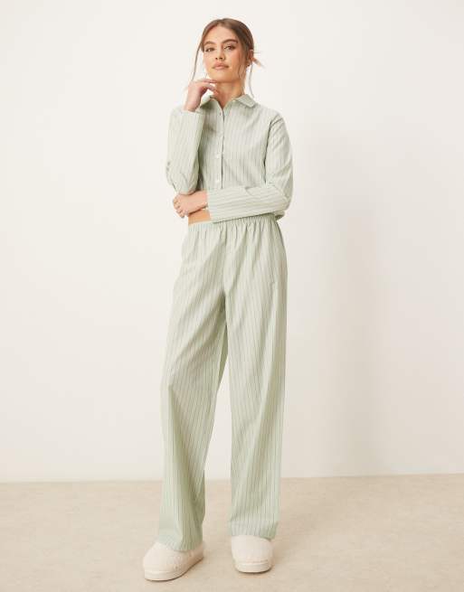 Urban Threads oversized long sleeve revere shirt and pants pyjama set in green stripe, 3 of 4