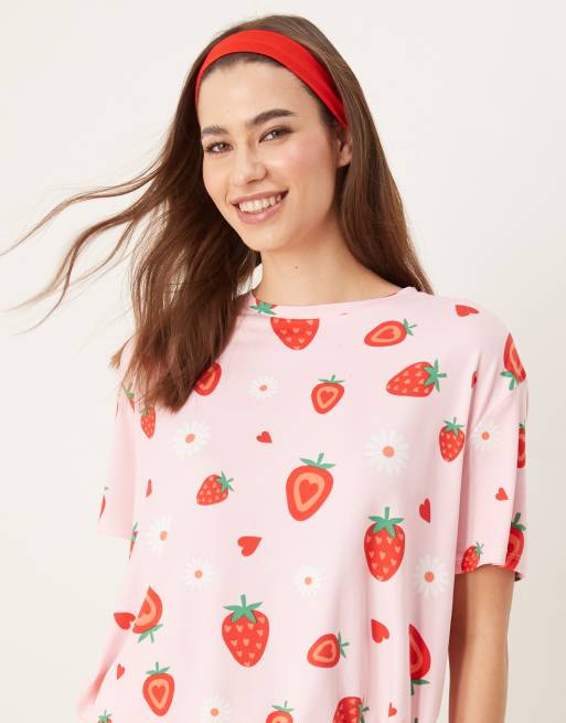 Urban Threads Oversized Pajama Top And Shorts In Strawberry Print Asos