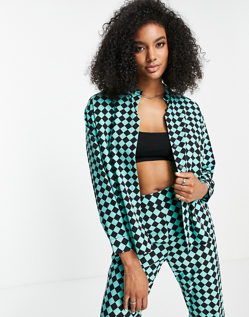Urban Threads oversized shirt co-ord in teal diamond check-Green