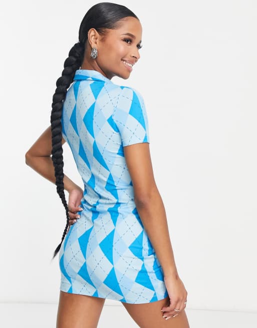 Urban Threads Petite bodycon polo dress in blue argyle print | ASOS