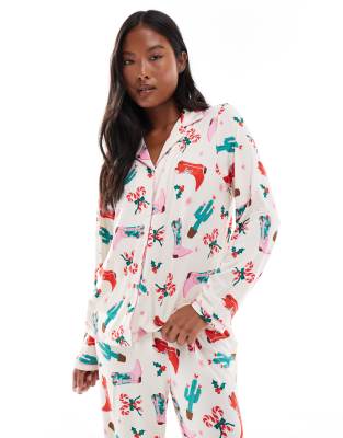 Urban Threads Petite Christmas Long Sleeve Camp Collar And Pants Pajama Set In Multi