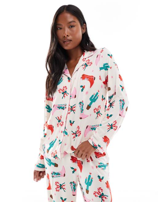 Urban Threads Petite Christmas long sleeve camp collar and pants pajama set in cowboy print, 2 of 4