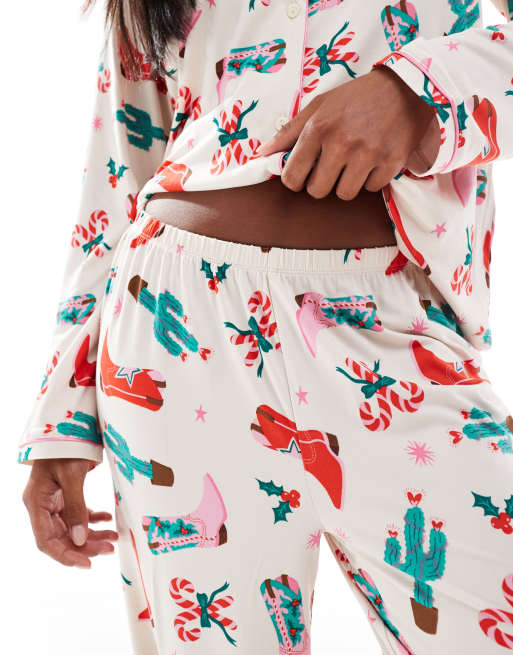 Urban Threads Petite Christmas long sleeve camp collar and pants pajama set in cowboy print, 3 of 4
