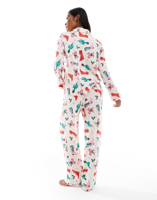 Urban Threads Petite Christmas long sleeve camp collar and pants pajama set in cowboy print, 4 of 4