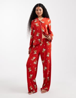 Urban Threads Petite Christmas long sleeve revere and trouser pyjama set in teddy print-Multi