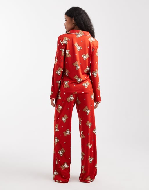 Urban Threads Petite holiday long sleeve camp collar shirt and pants pajama set in teddy print