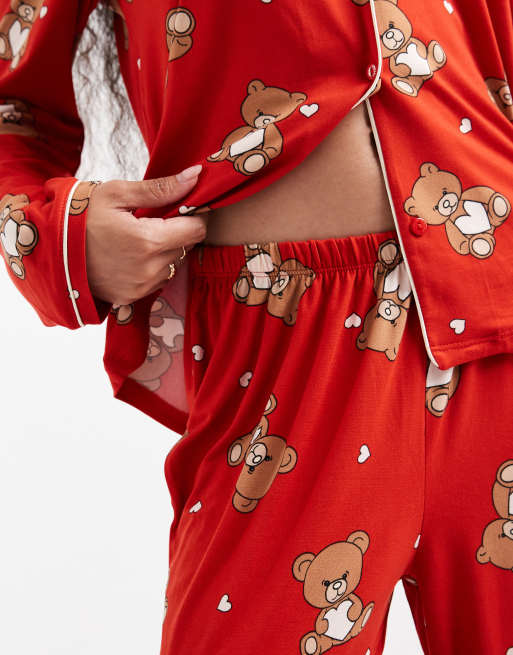 Urban Threads Petite holiday long sleeve camp collar shirt and pants pajama set in teddy print