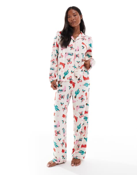 Urban Threads Petite - Kerstmis - Pyjamaset met overhemd met lange mouwen en reverskraag en broek met cowboyprint - view 1