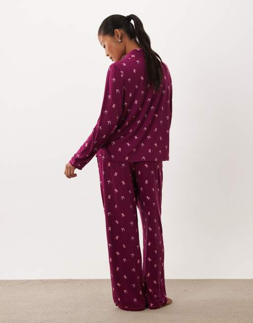 Urban Threads Petite long sleeve button-up shirt and pants pajama set in burgundy bow print, 4 of 4