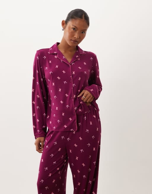 Urban Threads Petite long sleeve button up shirt and trousers pyjama set in burgundy bow print, 3 of 4