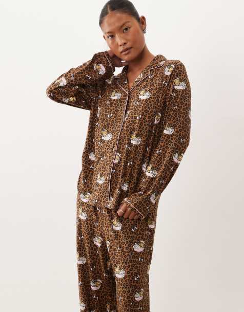 Urban Threads Petite long sleeve button up shirt and trousers pyjama set in leopard teddy in bath print - view 1