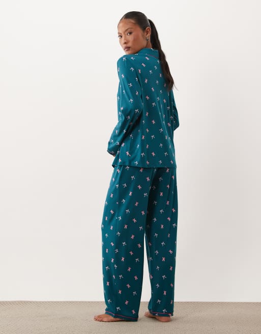Urban Threads Petite long sleeve button up shirt and trousers pyjama set in teal bow print, 4 of 4
