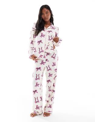 Urban Threads Petite Long Sleeve Camp Collar And Pants Pajama Set In Multi