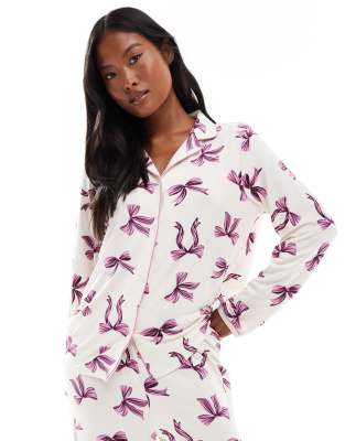 Urban Threads Petite Long Sleeve Camp Collar And Pants Pajama Set In Multi