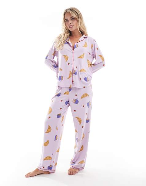 Urban Threads Petite long sleeve revere and trouser  breakfast print pyjama set in lilac - view 1