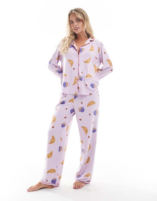 Urban Threads Petite long sleeve revere pyjama top and pants set in breakfast print in lilac