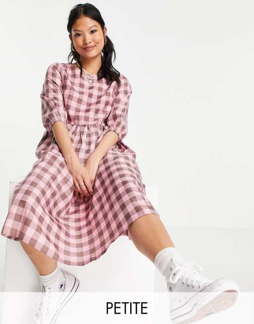 Urban Threads Petite oversized check midi dress in pink gingham