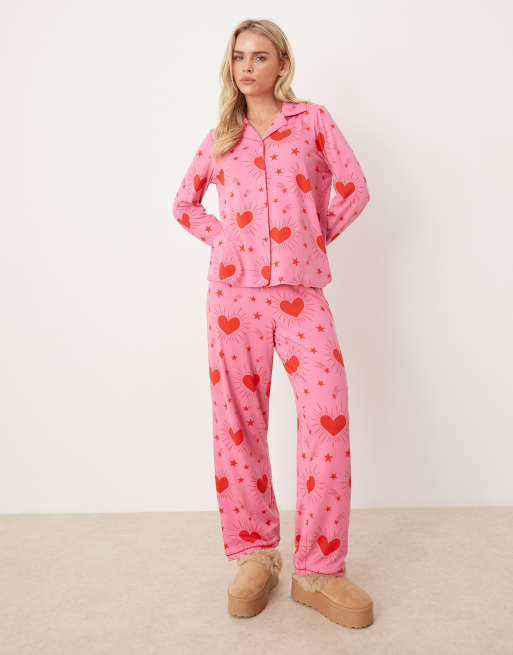 Urban Threads Petite poly long sleeve revere and trouser pyjama set in sparkle heart print ASOS