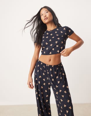 Urban Threads Urban Threads Petite poly t-shirt and trouser pyjama set in navy teddy bear print