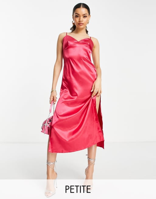 Urban Threads Petite satin cami slip dress in hot pink