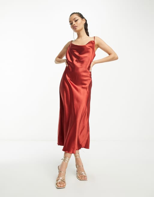 knee length dresses for ladies Zapaka Women Rust Satin A Line Midi Formal Dress V-Neck Long Sleeves Evening Dress, Rust / US4 main image 1