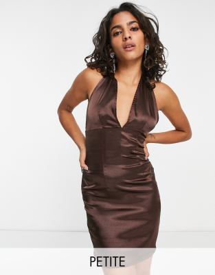 Urban Threads Petite Satin Halter Neck Mini Dress In Chocolate Brown