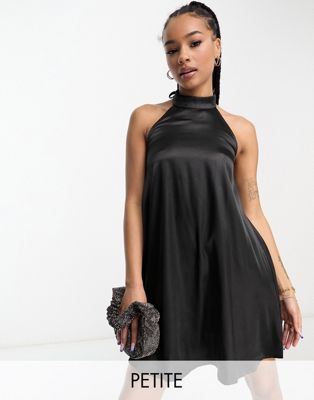 Urban Threads Petite satin high neck mini dress in black