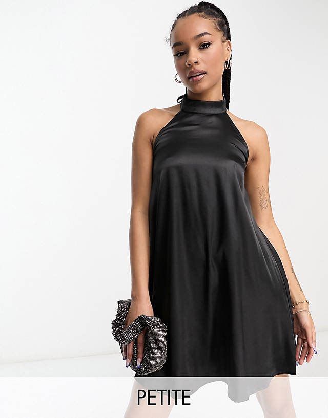 Urban Threads Petite - satin high neck mini dress in black