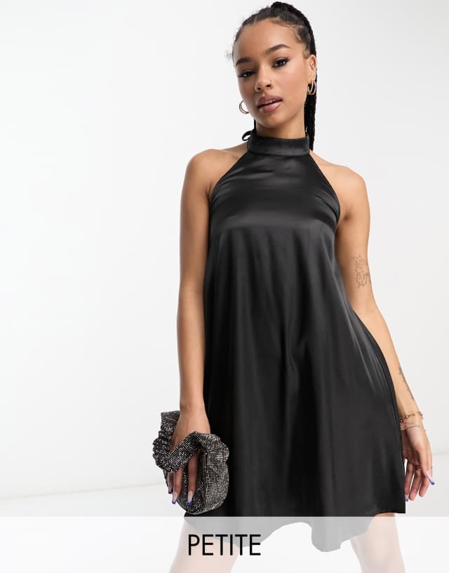 Urban Threads Petite - satin high neck mini dress in black