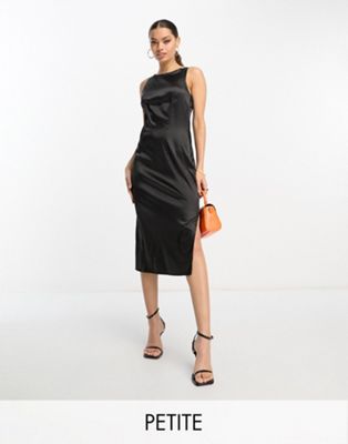 Urban Threads Petite satin midi dress with slit in black