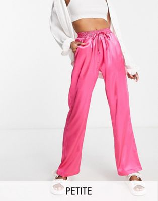 Urban Threads Petite satin wide leg trousers in hot pink