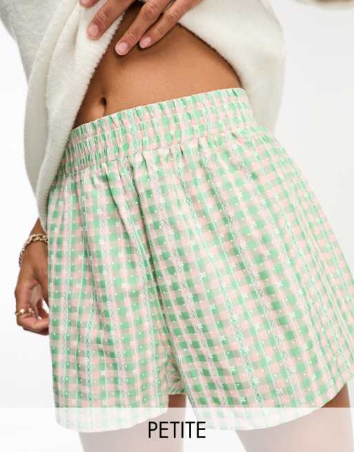 Urban Threads Petite shorts with floral embroidery in pink gingham (part of a set)