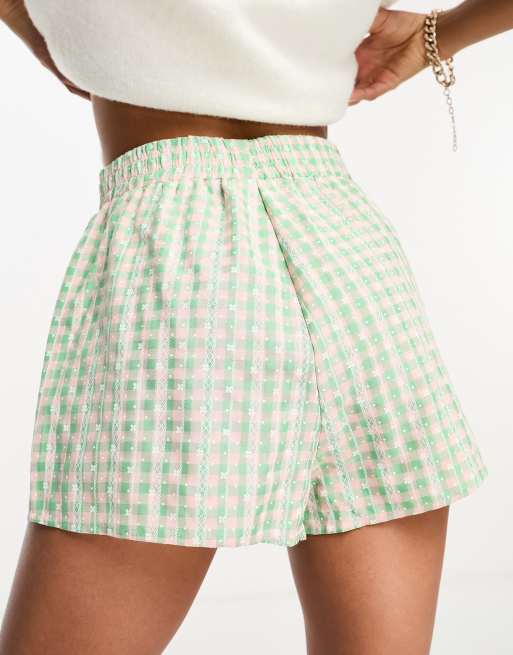 Urban Threads Petite shorts with floral embroidery in pink gingham ...