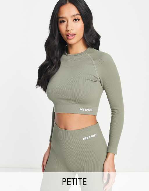 Urban Threads Petite - Sømløs trænings-croptop med lange ærmer i salviegrøn