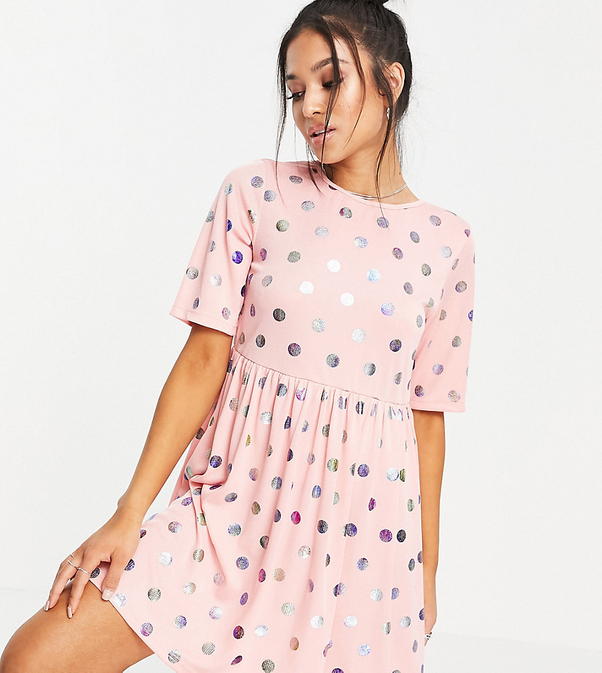 Urban Threads Petite smock dress in pink with metallic polka dot