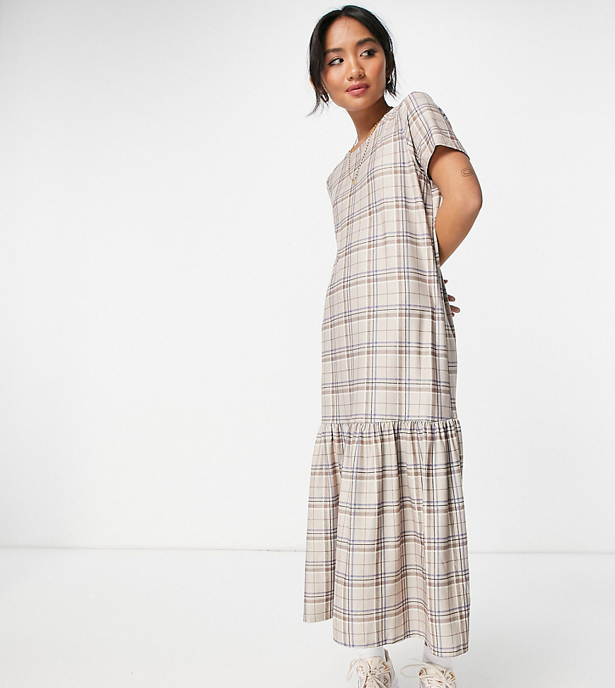 Urban Threads Petite tiered midi smock dress in neutral check