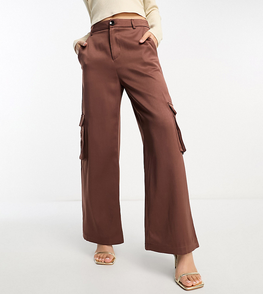 Urban Threads Petite wide leg cargo trousers in chocolate brown