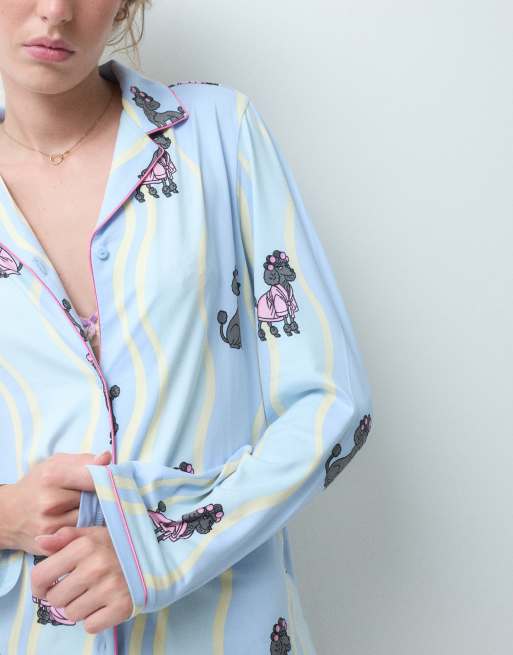Urban Threads pigiama composto da camicia a maniche lunghe con bottoni e pantaloni con stampa doggy a onde blu, 2 di 4