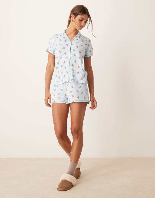 Urban Threads - Pigiama con stampa di orsetti composto da top a maniche corte con rever e pantaloncini, 2 di 4