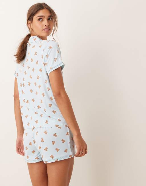 Urban Threads - Pigiama con stampa di orsetti composto da top a maniche corte con rever e pantaloncini, 4 di 4