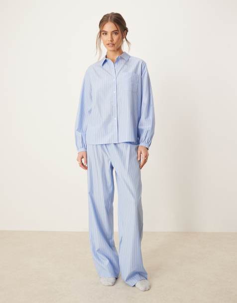 Urban Threads - Pigiama oversize blu a righe con pantaloni e top a maniche lunghe con rever - view 1