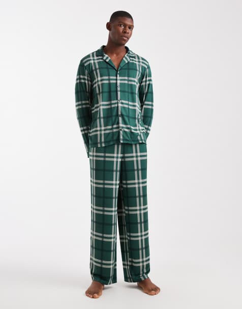 Urban Threads - Pigiama verde a quadri composto da pantaloni e top a maniche lunghe con rever - view 1