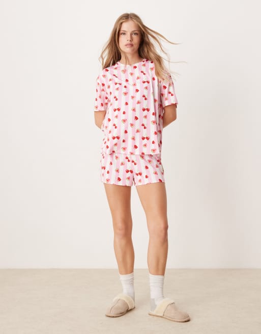 Urban Threads – Piżama we wzór w paski i owoce w kształcie serca z T-shirtem z krótkim rękawem i szortami