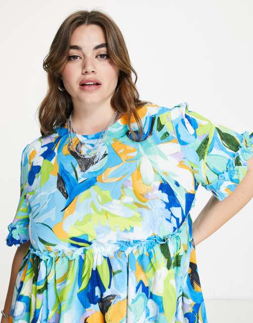 Urban Threads Plus – Abstrakt mönstrad smockklänning i minilängd med volang, 3 av 4